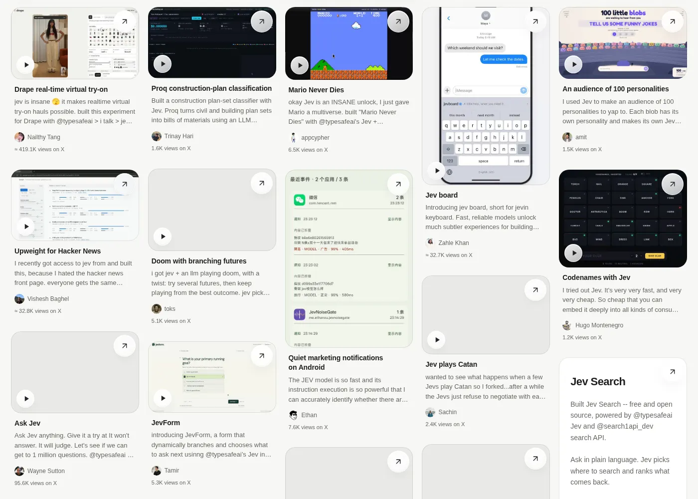 La galerie jevable.com : une grille de démonstrations construites avec Jev, essayage virtuel, classification de plans, tri de Hacker News, filtre de notifications, agent navigateur