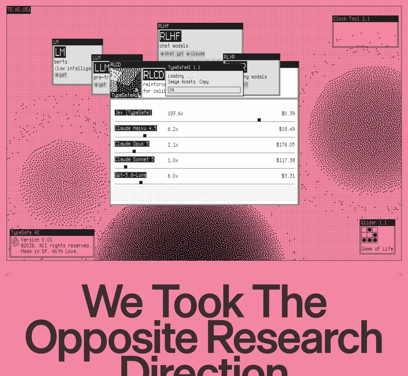 Page d'accueil de TypeSafe AI : une fenêtre façon vieux système d'exploitation compare Jev aux modèles Claude et GPT, sous le titre We took the opposite research direction